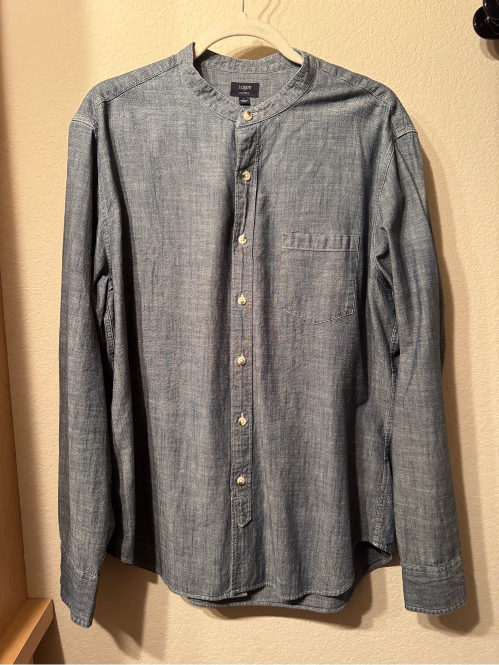 J. Crew Chambray Band Collar Button Up Shirt - Denim Blue, Large
